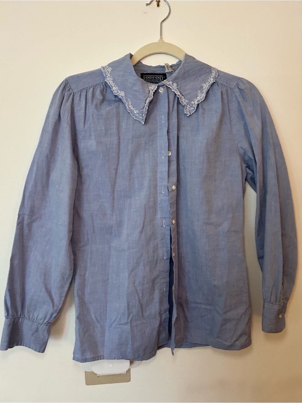 Lands' End Light Blue Button-Front Blouse with Scalloped Collar